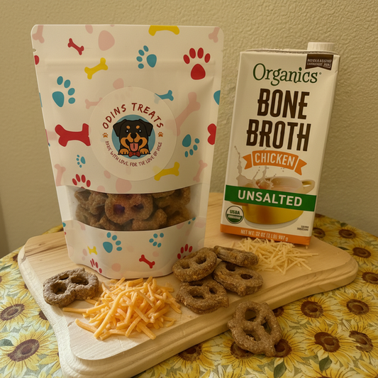Cheesy Pretzel Dog Treats with organic chicken bone broth, mini pretzels and shredded cheese on rustic wooden surface