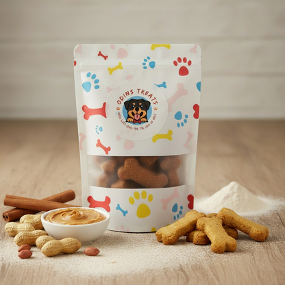 Natural Peanut Butter Dog Treat Cookies with peanuts, cinnamon sticks and whole wheat flour on rustic wooden surface